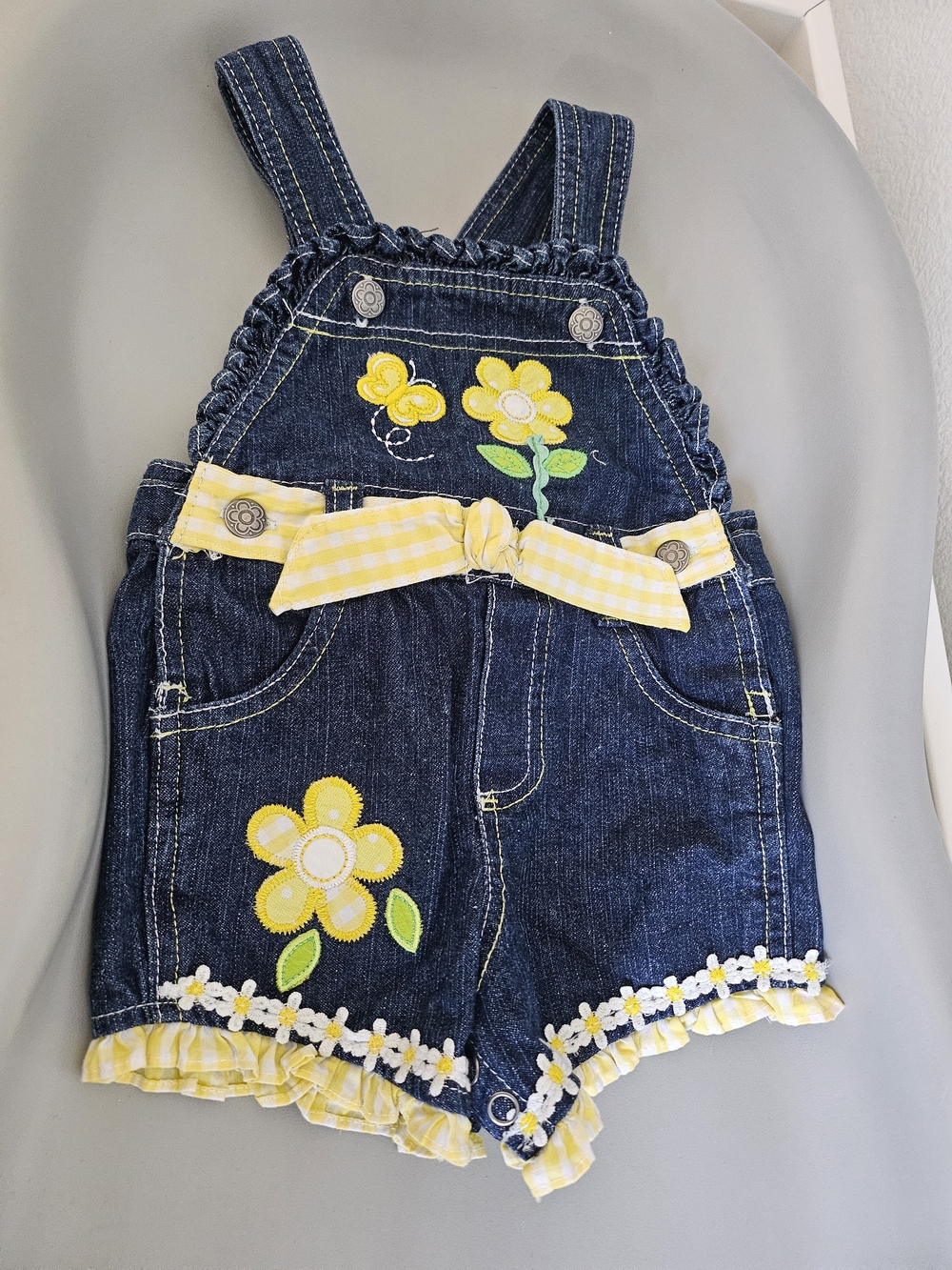 Vintage Denim Floral Applique Shortalls with Yellow Trim